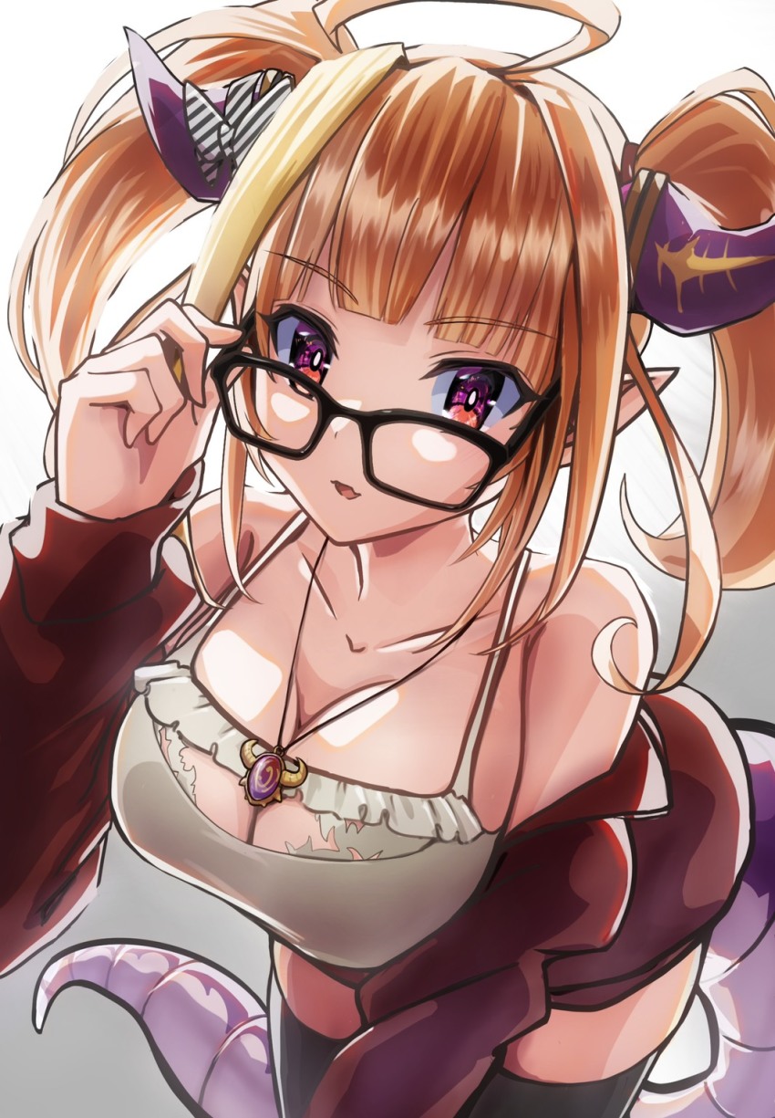 1girl, adjusting_eyewear, ahoge, arm_up, bad_id, bad_twitter_id, bare_shoulders, black-framed_eyewear, black_thighhighs, blonde_hair, blunt_bangs, bow, breasts, bright_pupils, camisole, cleavage, cleavage_cutout, clothing_cutout, commentary_request, cowboy_shot, diagonal-striped_bow, dragon_girl, dragon_horns, dragon_tail, fangs, frilled_camisole, frills, glasses, gradient_background, grey_background, hair_intakes, highres, hololive, horn_bow, horn_ornament, horns, jacket, jewelry, kiryu_coco, kiryu_coco_(loungewear), large_breasts, leaning_forward, long_sleeves, looking_at_viewer, medium_hair, multicolored_eyes, multicolored_hair, nokotate, off_shoulder, official_alternate_costume, orange_hair, parted_lips, pendant, pointy_ears, purple_eyes, red_eyes, red_jacket, scales, sidelocks, simple_background, skin_fangs, slit_pupils, solo, spaghetti_strap, streaked_hair, striped_bow, tail, thighhighs, track_jacket, twintails, virtual_youtuber, white_background, white_camisole, white_pupils