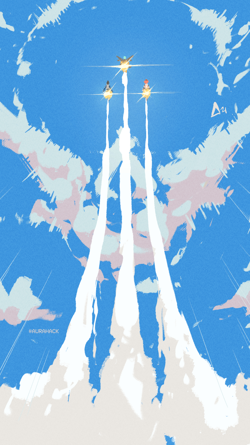 3girls, absurdres, apex_legends, artist_name, aurahack, black_hair, cloud, flying