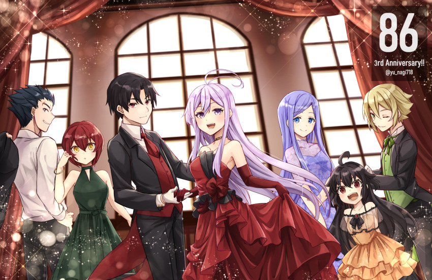 3boys, 4girls, 86_-eightysix-, :o, alternate_costume, anju_emma, anniversary, blonde_hair, blue_eyes, blue_hair, blush, dress, formal_clothes, frederica_rosenfort, green_dress, hair_behind_ear, highres, kurena_kukumila, long_hair, looking_at_viewer, multiple_boys, multiple_girls, off-shoulder_dress, off_shoulder, one_eye_closed, purple_eyes, purple_hair, raiden_suga, red_dress, seoto_rikka, shinei_nouzen, short_hair, smile, suit, very_long_hair, vladilena_millize, yellow_eyes, yumi_(koumotoyumi)