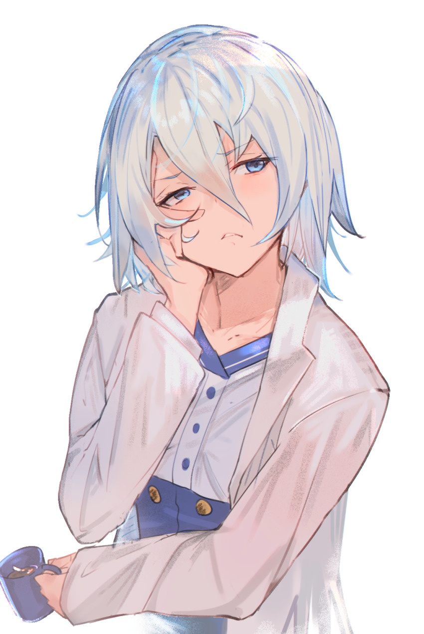 1girl, 86_-eightysix-, annoyed, blue_eyes, blue_skirt, coat, collarbone, cup