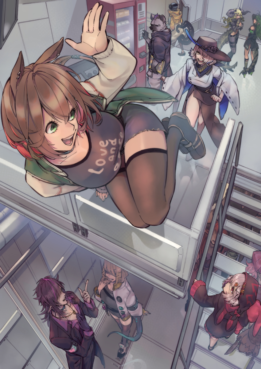 4boys, 6+girls, :d, absurdres, animal_ears, arknights, asbestos_(arknights), bare_shoulders, black_hair, black_leggings, breasts, broca_(arknights), brown_hair, catapult_(arknights), chiave_(arknights), choker, clenched_hands, clothes_writing, curly_hair, demon_boy, earrings, elbow_gloves, english_text, estelle_(arknights), eyebrow_piercing, face_piercing, furry, furry_male, gavial_(arknights), gloves, green_eyes, green_gloves, green_hair, grin, hair_ornament, hair_over_one_eye, hairclip, hat, headphones, high_heels, highres, hood, hoodie, horns, horse_ears, jacket, jewelry, koryuu_(gackter10), leggings, long_hair, medium_breasts, midriff, multiple_boys, multiple_girls, necklace, open_mouth, orchid_(arknights), piercing, pointy_ears, popukar_(arknights), purple_eyes, purple_hair, red_eyes, red_hair, scarf, shamare_(arknights), short_hair, single_glove, smile, spot_(arknights), stuffed_toy, sweatdrop, tail, teeth, thighhighs, utage_(arknights), vending_machine, yellow_eyes