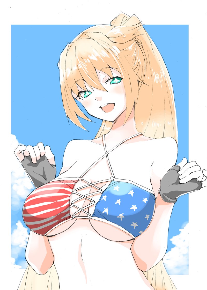 1girl, american_flag, american_flag_bikini, american_flag_print, ash_arms, b-kyuu_ocha, bikini, blonde_hair