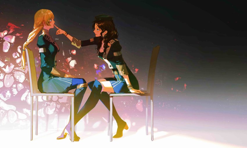 2girls, black_footwear, black_jacket, black_skirt, blonde_hair, boots, braid, brown_hair