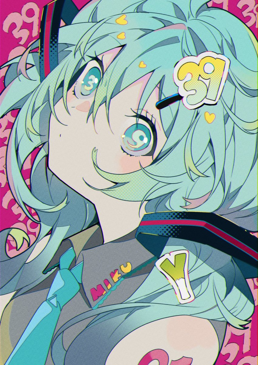 1girl, 39, aqua_eyes, aqua_hair, arms_at_sides, bare_shoulders, blue_necktie, character_name, close-up, clothes_writing, collared_shirt, dot_nose, expressionless, eyelashes, food-themed_hair_ornament, gradient_hair, green_hair, grey_shirt, hair_between_eyes, hair_ornament, hairclip, halftone, hatsune_miku, head_tilt, highres, light_blush, long_eyelashes, long_hair, looking_at_viewer, messy_hair, multicolored_hair, necktie, number_hair_ornament, number_in_eye, number_tattoo, omutatsu, parted_lips, pink_background, shirt, shoulder_tattoo, simple_background, solo, spring_onion_hair_ornament, symbol-shaped_pupils, tareme, tattoo, twintails, upper_body, very_long_hair, vocaloid