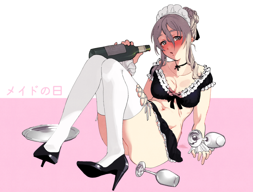 1girl, :o, alcohol, alternate_costume, alternate_hairstyle, ass, black_choker, black_footwear