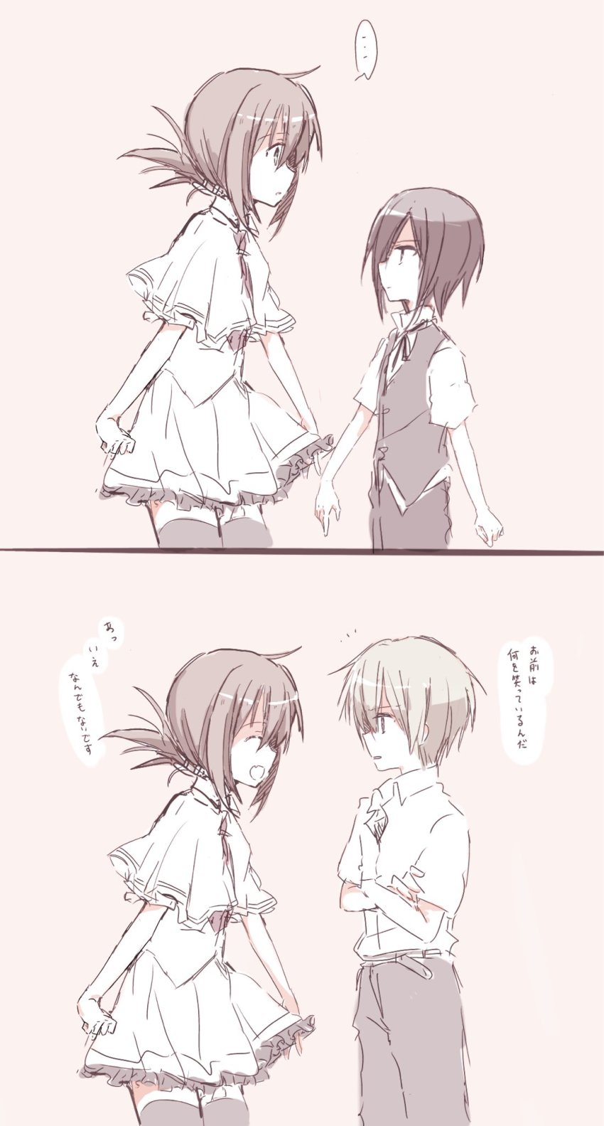 1girl, 2boys, black_hair, blonde_hair, brown_hair, capelet, child, crossed_arms