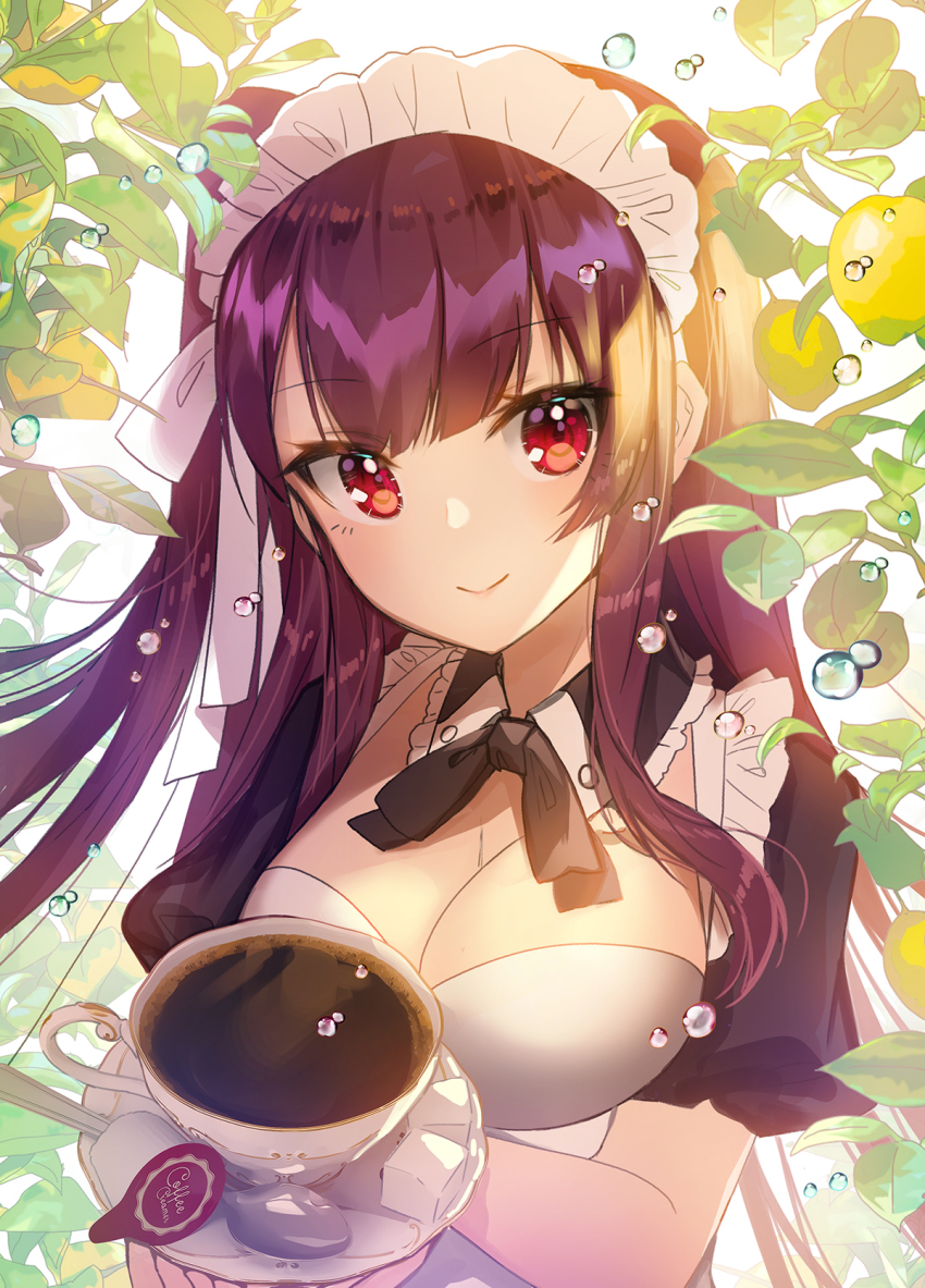1girl, alternate_costume, apple_caramel, black_ribbon, breasts, cleavage, closed_mouth, coffee, creamer_packet, cup, enmaided, food, fruit, girls'_frontline, highres, holding, holding_cup, lemon, long_hair, looking_at_viewer, maid, maid_headdress, medium_breasts, neck_ribbon, photoshop_(medium), purple_hair, red_eyes, revision, ribbon, saucer, smile, solo, spoon, upper_body, wa2000_(girls'_frontline), water_drop, white_background