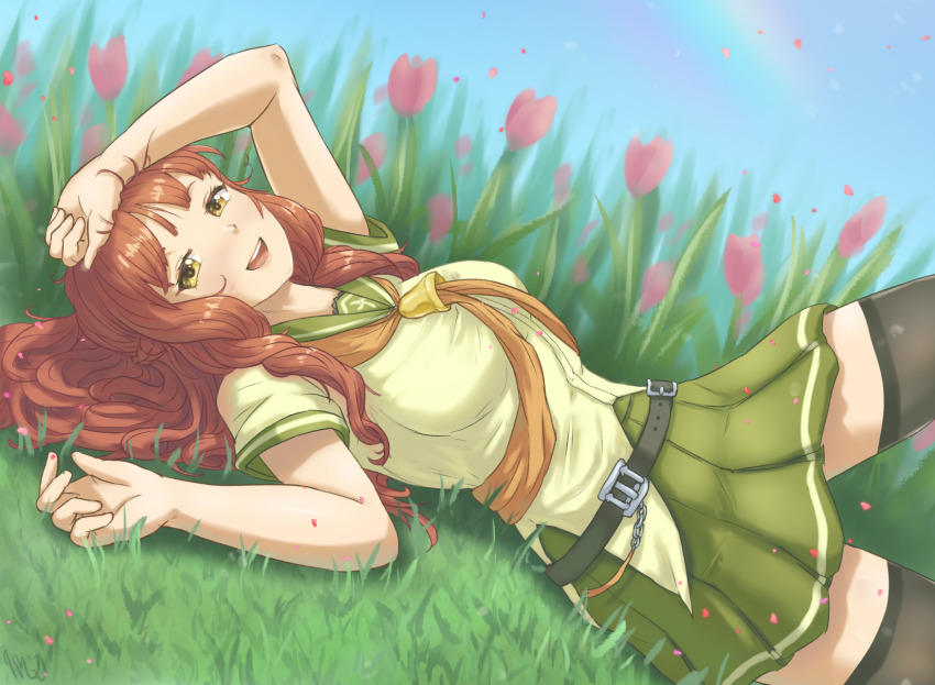 1girl, aircraft_catapult, beige_serafuku, beige_shirt, belt, black_belt, black_thighhighs, blue_sky