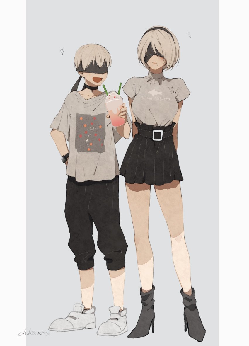 1boy, 1girl, 2b_(nier:automata), 9s_(nier:automata), arms_behind_back, belt, black_footwear, black_hairband, blindfold, blush, breasts, choker, closed_mouth, collarbone, commentary_request, covered_eyes, cup, disposable_cup, grey_background, grey_hair, grey_shirt, hairband, heart, high_heels, highres, holding, holding_cup, medium_breasts, miniskirt, mole, mole_under_mouth, nier:automata, nier_(series), open_mouth, ouka_(stan), pants, shirt, shoes, short_hair, short_sleeves, simple_background, skirt, smile, watch, white_background, white_footwear, wristwatch