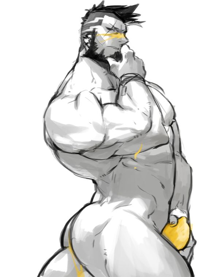1boy, abs, bandaid, bandaid_on_cheek, bandaid_on_face, bara, bare_pectorals, beard
