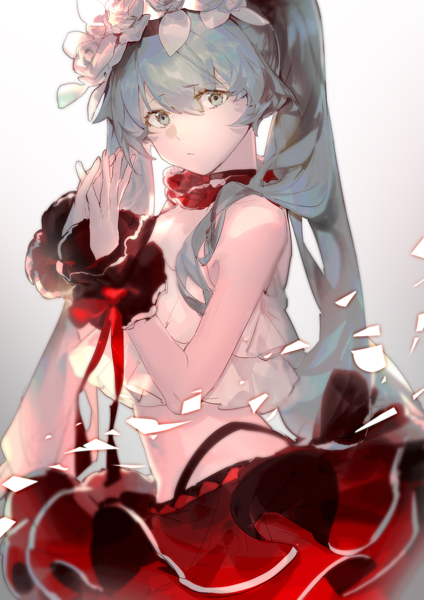 1girl, aqua_eyes, aqua_hair, bare_shoulders, bless_you_(module), crop_top, flower, frilled_shirt