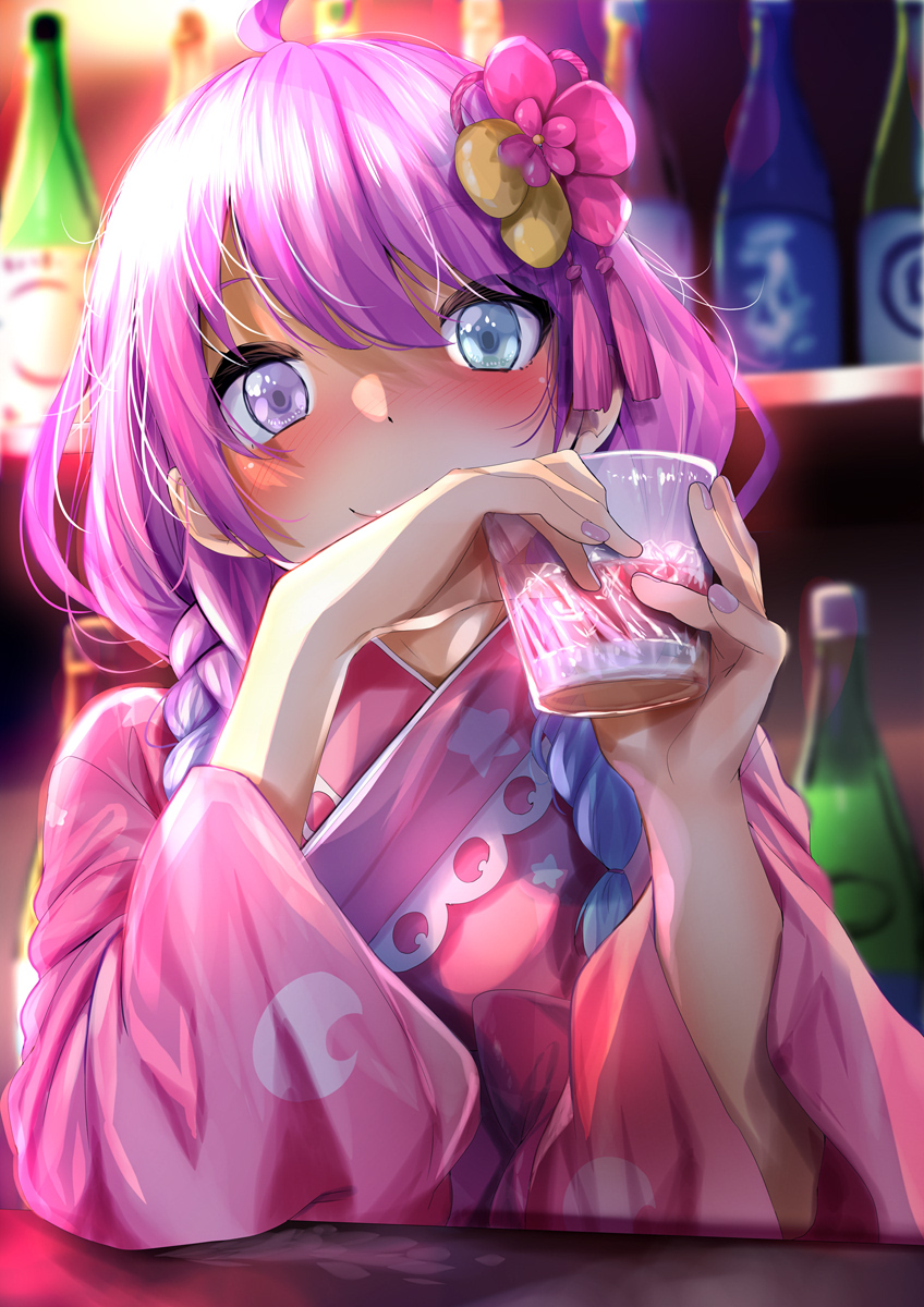 1girl, ahoge, alcohol, bad_id, bad_twitter_id, blush, bottle, braid, closed_mouth, cup, drinking_glass, fingernails, flower, fumihiko_(fu_mihi_ko), hair_flower, hair_ornament, heterochromia, highres, himemori_luna, himemori_luna_(new_year), holding, holding_cup, hololive, japanese_clothes, kimono, long_hair, looking_at_viewer, low_twin_braids, multicolored_hair, nail_polish, pink_hair, pink_kimono, pink_nails, purple_eyes, purple_hair, sake_bottle, smile, solo, swept_bangs, twin_braids, virtual_youtuber, wide_sleeves