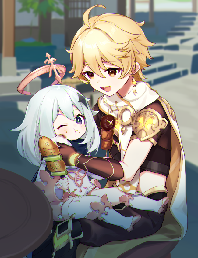 1boy, 1girl, :d, ;t, aether_(genshin_impact), ahoge, bad_id, bad_twitter_id