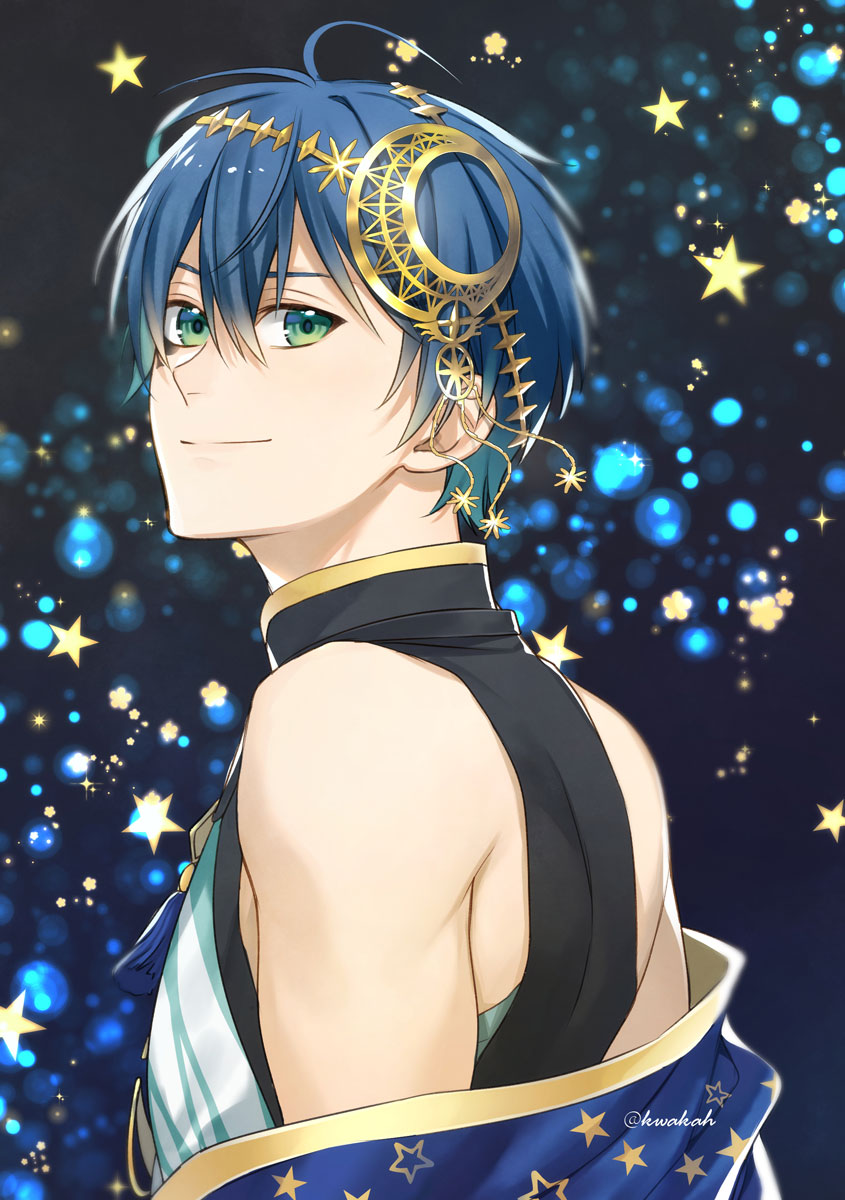 1boy, blue_eyes, blue_hair, deuce_spade, deuce_spade_(starsending_robes), highres, kwakah, looking_at_viewer