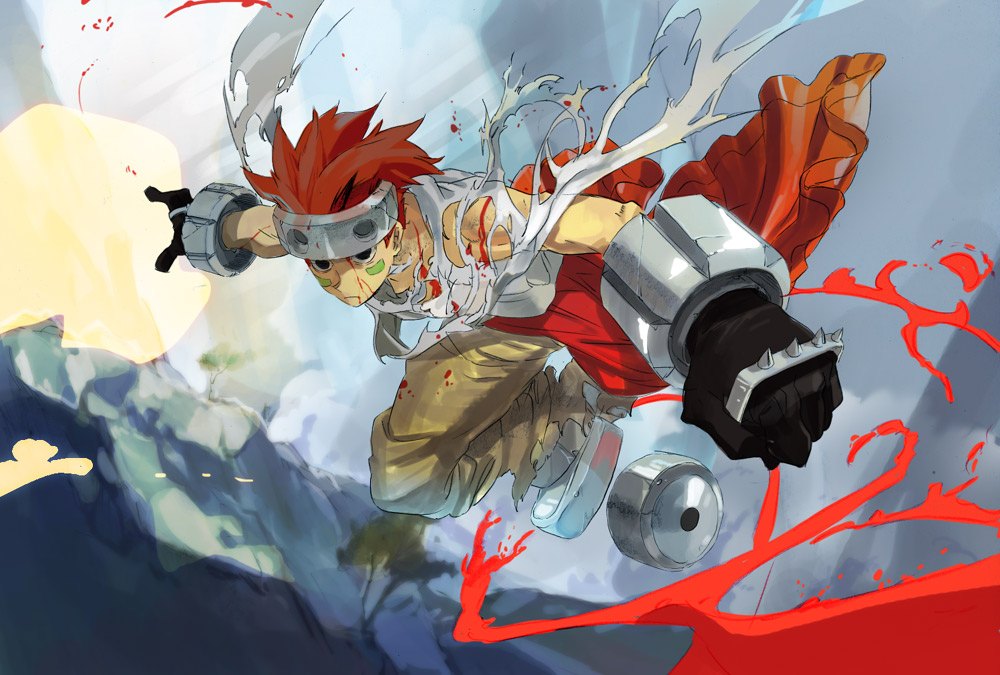 1990s_(style), 1boy, bad_id, bad_pixiv_id, blood, houshin_engi, male_focus, nataku, red_hair, solo, torn_clothes, umishima_senbon