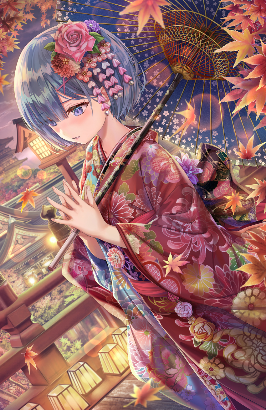 1girl, alternate_costume, alternate_hair_ornament, architecture, autumn_leaves, blue_eyes, blue_hair, blue_kimono