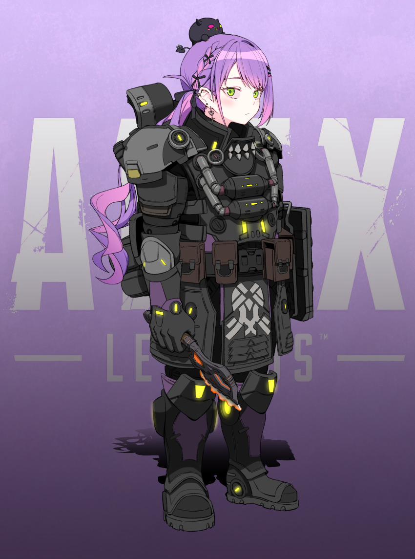 1girl, absurdres, apex_legends, armor, artpatient, axe, bibi_(tokoyami_towa), braid, commentary, copyright_name, cosplay, creature_on_head, dark_side_gibraltar, ear_piercing, earrings, english_commentary, french_braid, full_body, gibraltar_(apex_legends), gibraltar_(apex_legends)_(cosplay), gradient_background, green_eyes, highres, hololive, jewelry, long_hair, looking_at_viewer, piercing, pouch, purple_background, purple_hair, shield, standing, tokoyami_towa, twintails, virtual_youtuber