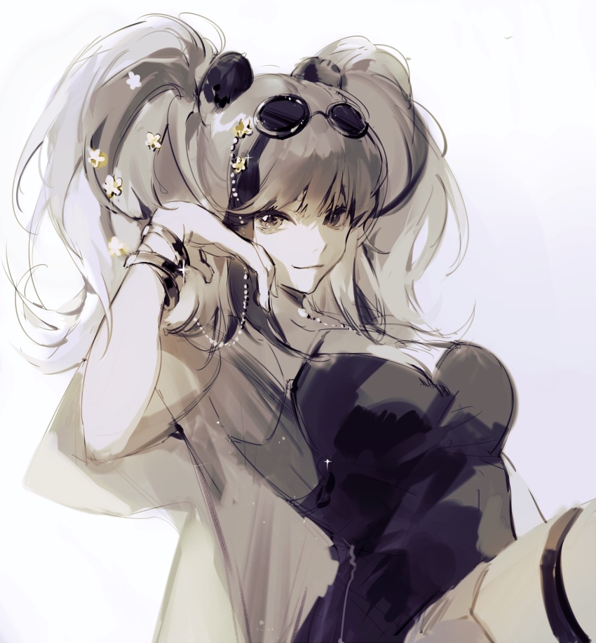 1girl, absurdres, ambience_synesthesia, animal_ears, arknights, black_dress, bracelet, breasts