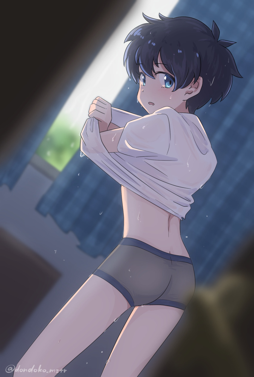 1boy, artist_name, ass, black_hair, blue_eyes, boxer_briefs, brown_male_underwear, clothes_lift, dondoko_mozutaro, from_behind, highres, lifting_own_clothes, looking_back, male_focus, male_underwear, original, shirt, shirt_lift, short_hair, shota, solo, underwear, undressing, voyeur_pov, wet, wet_clothes, wet_male_underwear, wet_shirt, wet_underwear