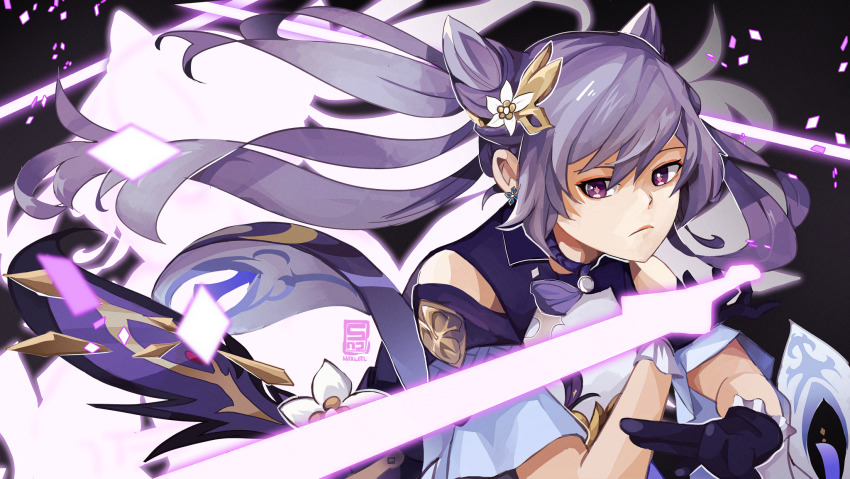 1girl, blue_gloves, clothing_cutout, earrings, energy_sword, floating_hair, flower, genshin_impact, gloves, hair_behind_ear, hair_flower, hair_horns, hair_ornament, highres, holding, holding_sword, holding_weapon, jewelry, keqing_(genshin_impact), long_hair, looking_down, purple_eyes, purple_hair, shaira_(noxlotl), shoulder_cutout, solo, sword, weapon, white_flower
