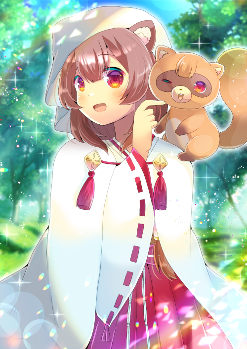 1girl, :d, ;d, animal, animal_ear_fluff, animal_ears, animal_on_shoulder, blurry, blurry_background, blush, brown_hair, day, depth_of_field, hair_between_eyes, hakama, hakama_skirt, japanese_clothes, kimono, kou_hiyoyo, long_sleeves, miko, one_eye_closed, open_mouth, outdoors, raccoon, raccoon_ears, raccoon_girl, raph-chan, raphtalia, red_eyes, red_hakama, ribbon-trimmed_sleeves, ribbon_trim, skirt, smile, sparkle, tate_no_yuusha_no_nariagari, tree, veil, white_kimono, wide_sleeves