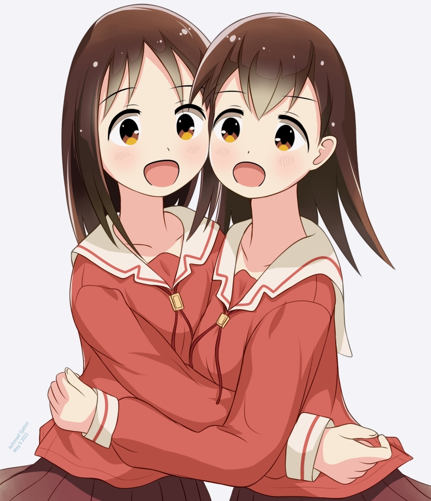 2girls, :d, achmad_sjahrir, azumanga_daiou, blush, brown_eyes, brown_hair, brown_skirt, cheek-to-cheek, happy, heads_together, highres, kasuga_ayumu, long_hair, long_sleeves, looking_at_viewer, multiple_girls, open_mouth, sailor_collar, school_uniform, serafuku, shirt, short_hair, simple_background, skirt, sleeves_past_wrists, smile, standing, takino_tomo, white_background, white_sailor_collar