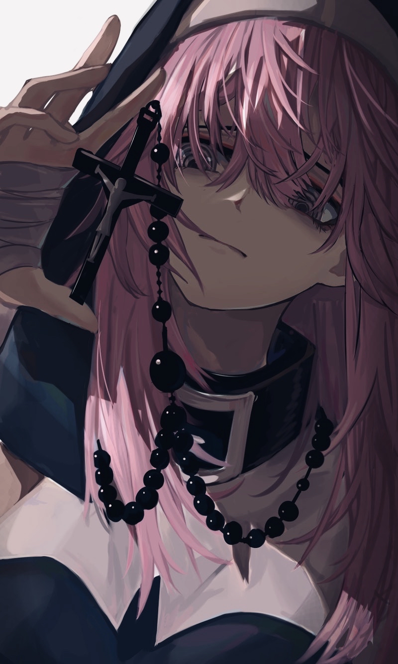 1girl, 8rk9, bandaged_hand, beads, breasts, buckle, commission, cross