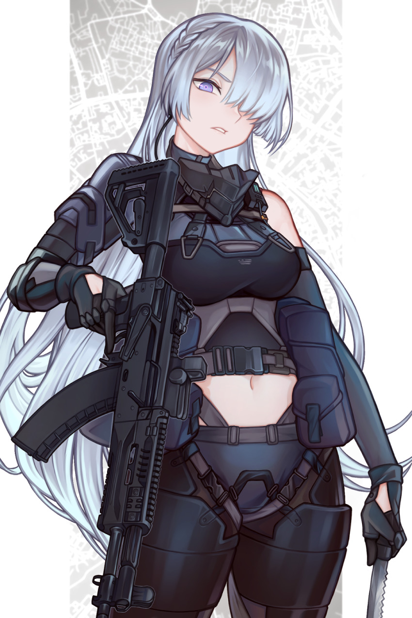 1girl, ak-15, ak-15_(girls'_frontline), assault_rifle, breasts, defy_(girls'_frontline), frown, girls'_frontline, gloves, green_hair, gun, highres, holding, holding_gun, holding_knife, holding_weapon, honi_(ohohoni), kalashnikov_rifle, knife, large_breasts, long_hair, map, map_background, mask, mask_around_neck, midriff, one_eye_covered, purple_eyes, rifle, tactical_clothes, very_long_hair, weapon