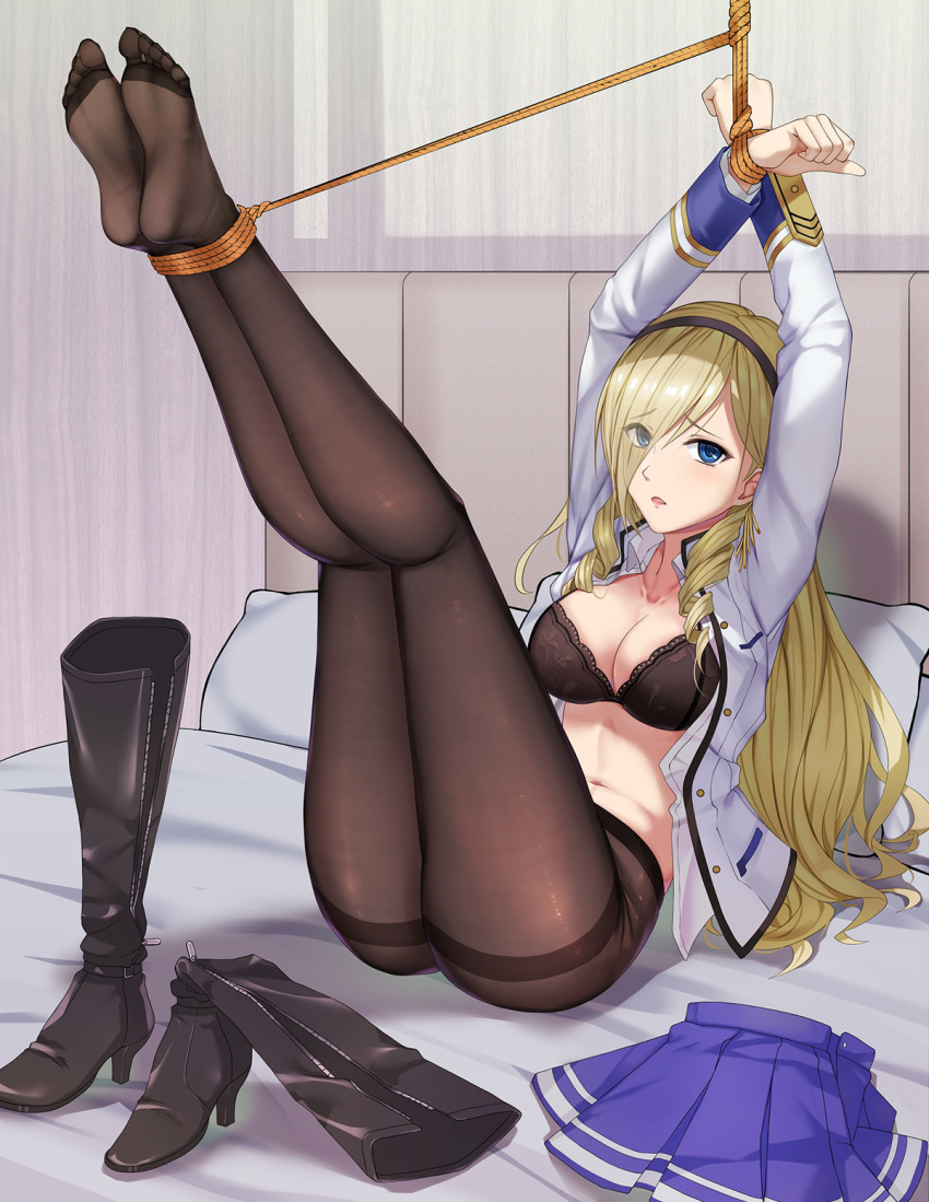 1girl, bdsm, black_pantyhose, blonde_hair, blue_eyes, bondage, boots, bound, bra, celia_kumani_entory, drill_hair, feet, feet_up, haimei1980, hairband, high_heel_boots, high_heels, highres, leg_up, long_hair, looking_at_viewer, pantyhose, restrained, shoes, skirt, soles, underwear, unworn_boots, unworn_shoes, unworn_skirt, walkure_romanze, zipper_footwear