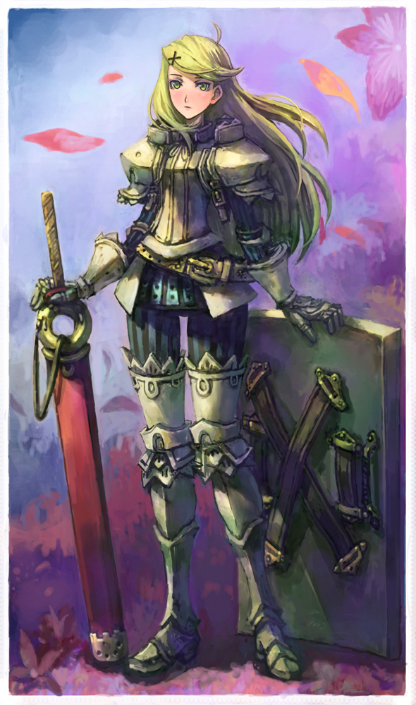 1girl, 7th_dragon, 7th_dragon_(series), armor, bad_id, bad_pixiv_id, belt, belt_skirt, blonde_hair, blush, docoi, female_focus, flower, green_eyes, hair_ornament, hairclip, kate_(7th_dragon), knight_(7th_dragon), long_hair, petals, shield, solo, sword, weapon
