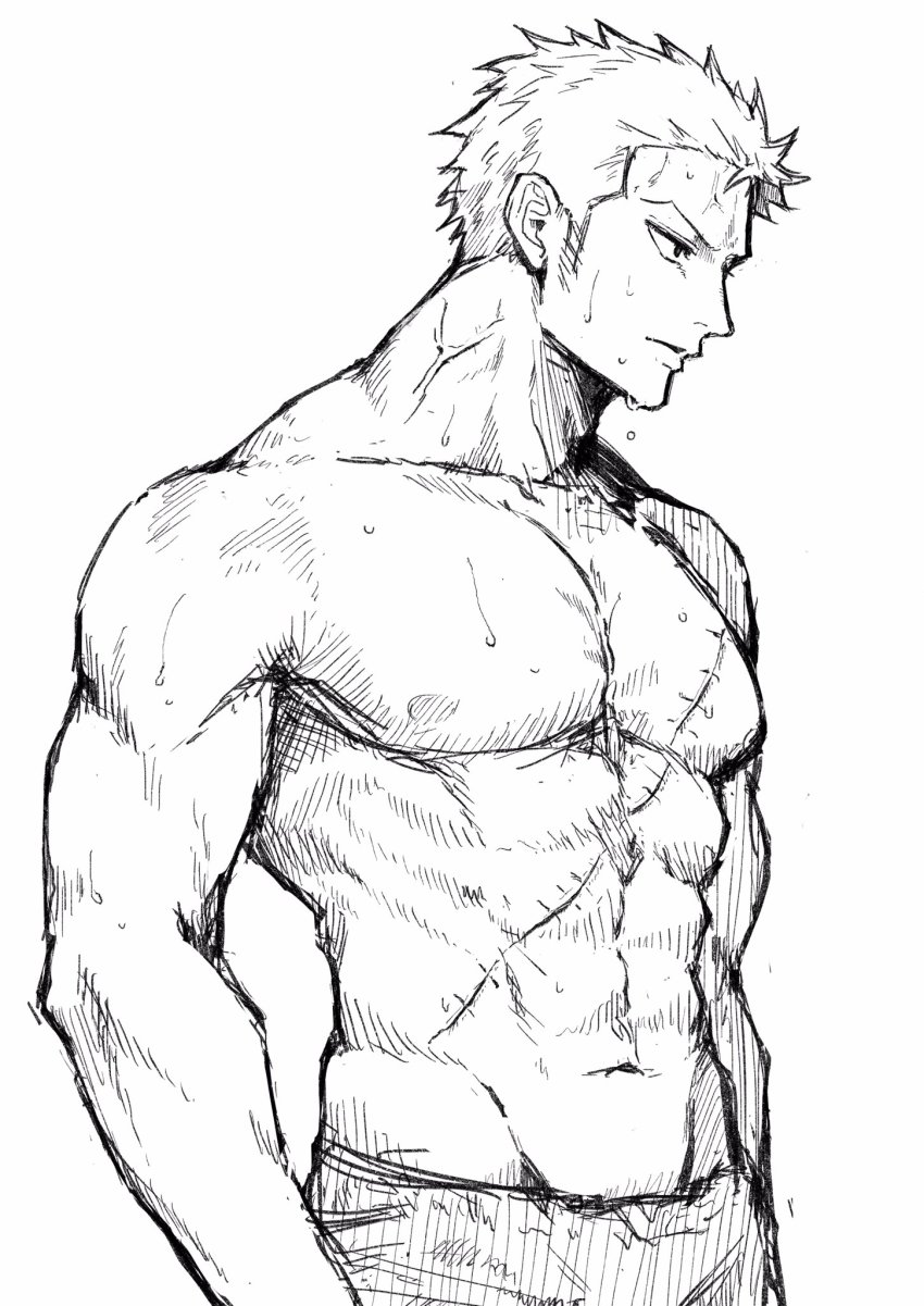 1boy, abs, commentary_request, greyscale, highres, looking_away, looking_to_the_side, male_focus, monochrome, navel, nipples, one_piece, pectorals, roronoa_zoro, scar, scar_on_chest, topless_male, sketch, solo, sorase_(srsrs_000), sweat, toned, toned_male, upper_body, veins