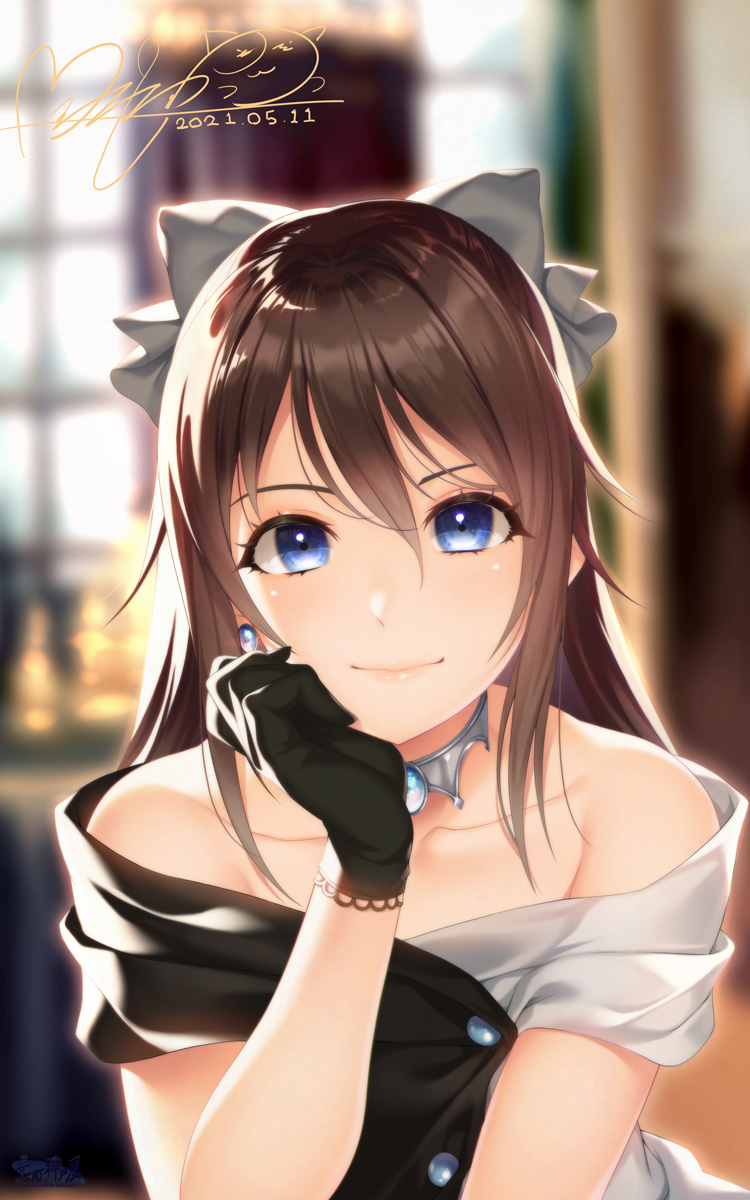 1girl, bare_shoulders, black_bow, black_dress, black_gloves, blue_eyes, blurry, blurry_background