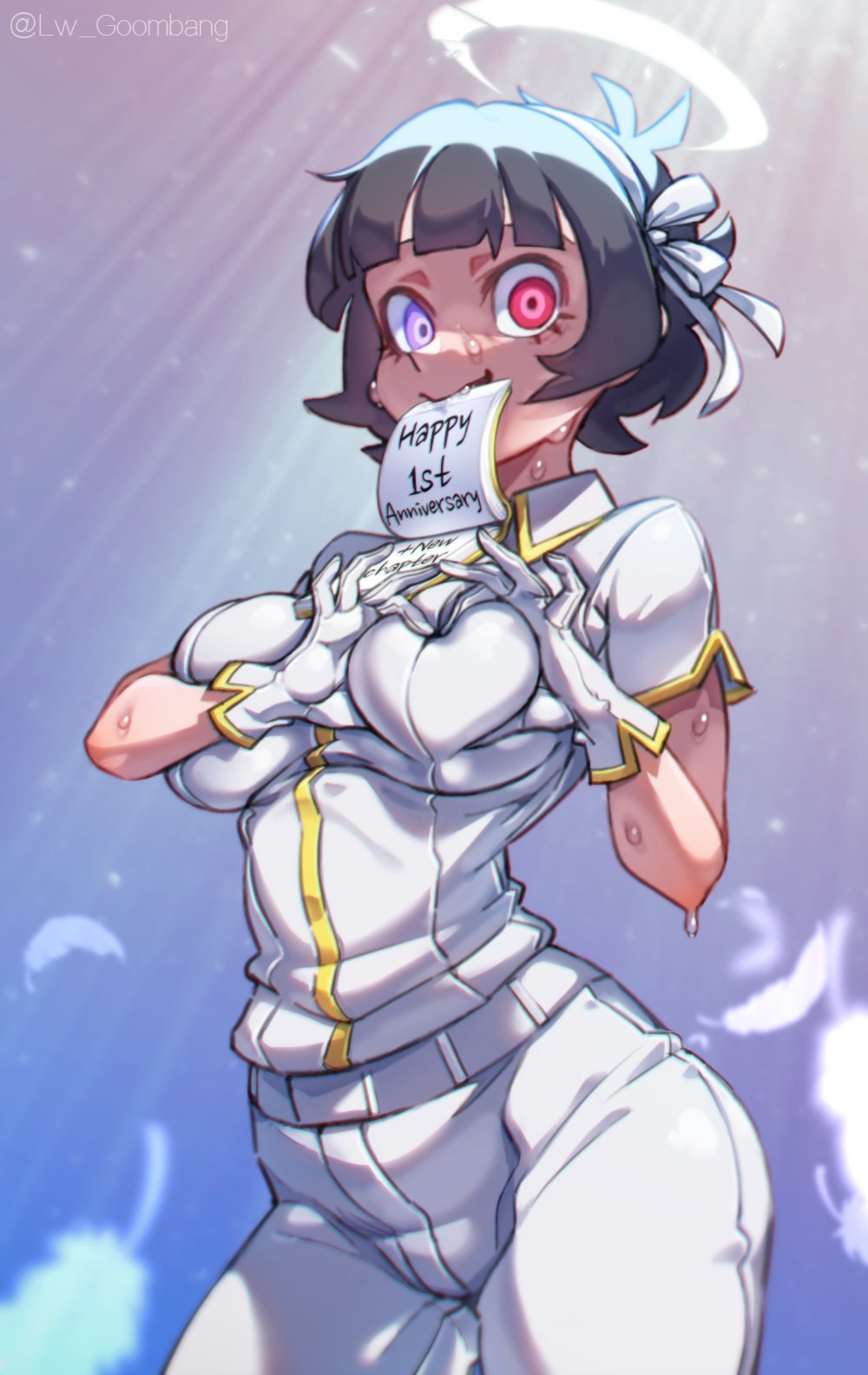1girl, anniversary, azazel_(helltaker), black_hair, broken_halo, falling_feathers, feathers, gloves, halo, heart, heart-shaped_boob_challenge, heart_hands, helltaker, heterochromia, highres, light_rays, lw_goombang, mouth_hold, notepad, parted_lips, purple_eyes, red_eyes, short_hair, smile, solo, sweat, twitter_username, white_feathers, white_gloves