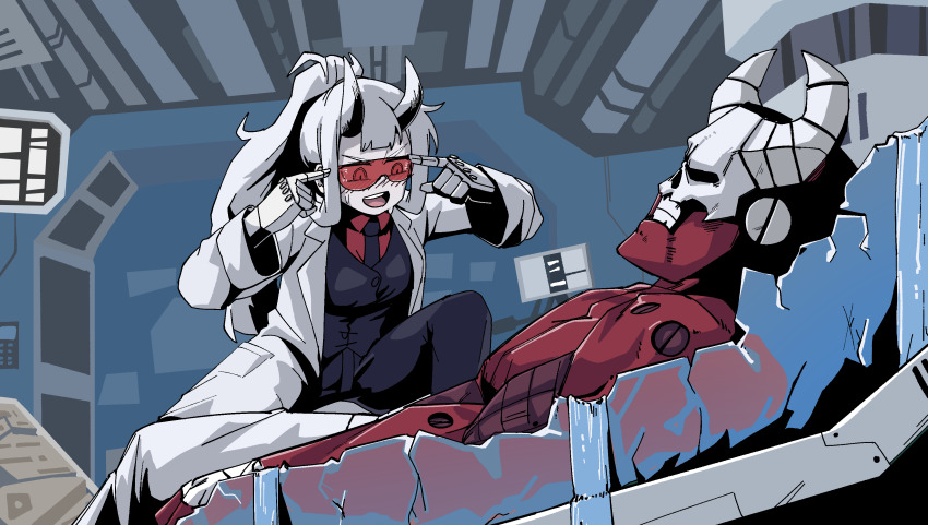 1girl, absurdres, black_neckwear, black_pants, black_vest, blush, coat, colored_skin