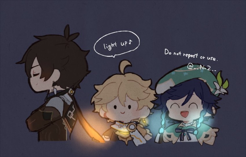 3boys, ^_^, aether_(genshin_impact), ahoge, aqua_hair, black_background, black_hair, blonde_hair