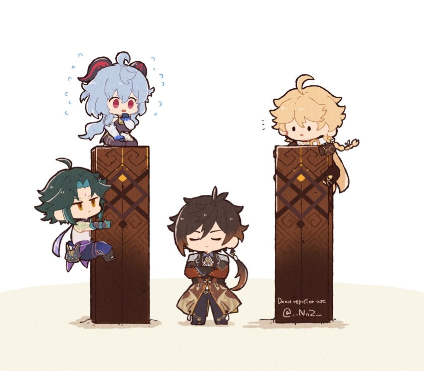 1girl, 3boys, aether_(genshin_impact), ahoge, arm_tattoo, black_gloves, black_hair, blonde_hair