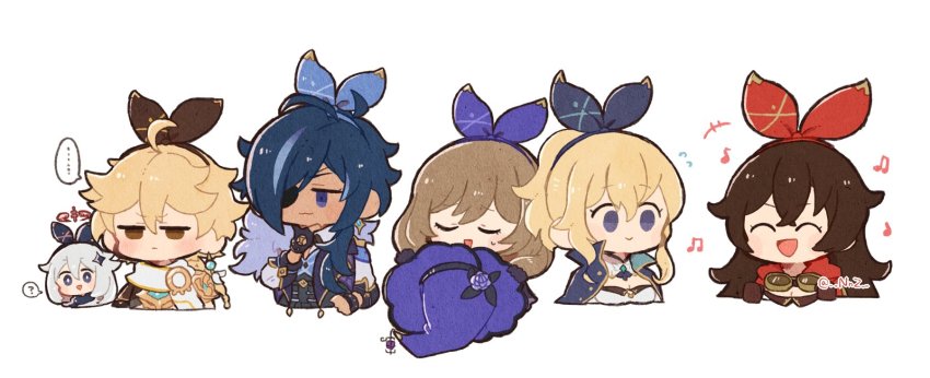 ..., 2boys, 4girls, :3, ?, aether_(genshin_impact), amber_(genshin_impact), black_gloves, blonde_hair, blue_eyes, blue_hair, brown_hair, chibi, closed_mouth, cropped_legs, dark-skinned_male, dark_skin, earrings, eyepatch, flying_sweatdrops, genshin_impact, gloves, goggles, goggles_around_neck, hair_between_eyes, hairband, halo, hat, highres, holding, holding_unworn_clothes, holding_unworn_hat, jean_(genshin_impact), jewelry, kaeya_(genshin_impact), lisa_(genshin_impact), long_hair, multicolored_hair, multiple_boys, multiple_girls, musical_note, nnz, open_mouth, paimon_(genshin_impact), ponytail, simple_background, single_earring, smile, spoken_ellipsis, spoken_question_mark, streaked_hair, sweat, twitter_username, unworn_hat, unworn_headwear, white_background, white_hair, witch_hat