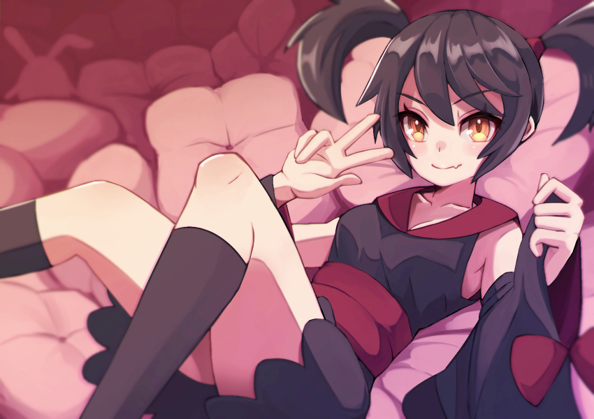 1girl, breasts, brown_hair, brown_socks, closed_mouth, collarbone, commentary_request, cushion, detached_sleeves, eyelashes, fang, furisode_girl_(pokemon), furisode_girl_kali, hair_tie, highres, knees, looking_at_viewer, medium_breasts, nintendo, obi, orange_eyes, pokemon, pokemon_x_and_y, sash, skin_fang, smile, socks, solo, twintails, w, yottur