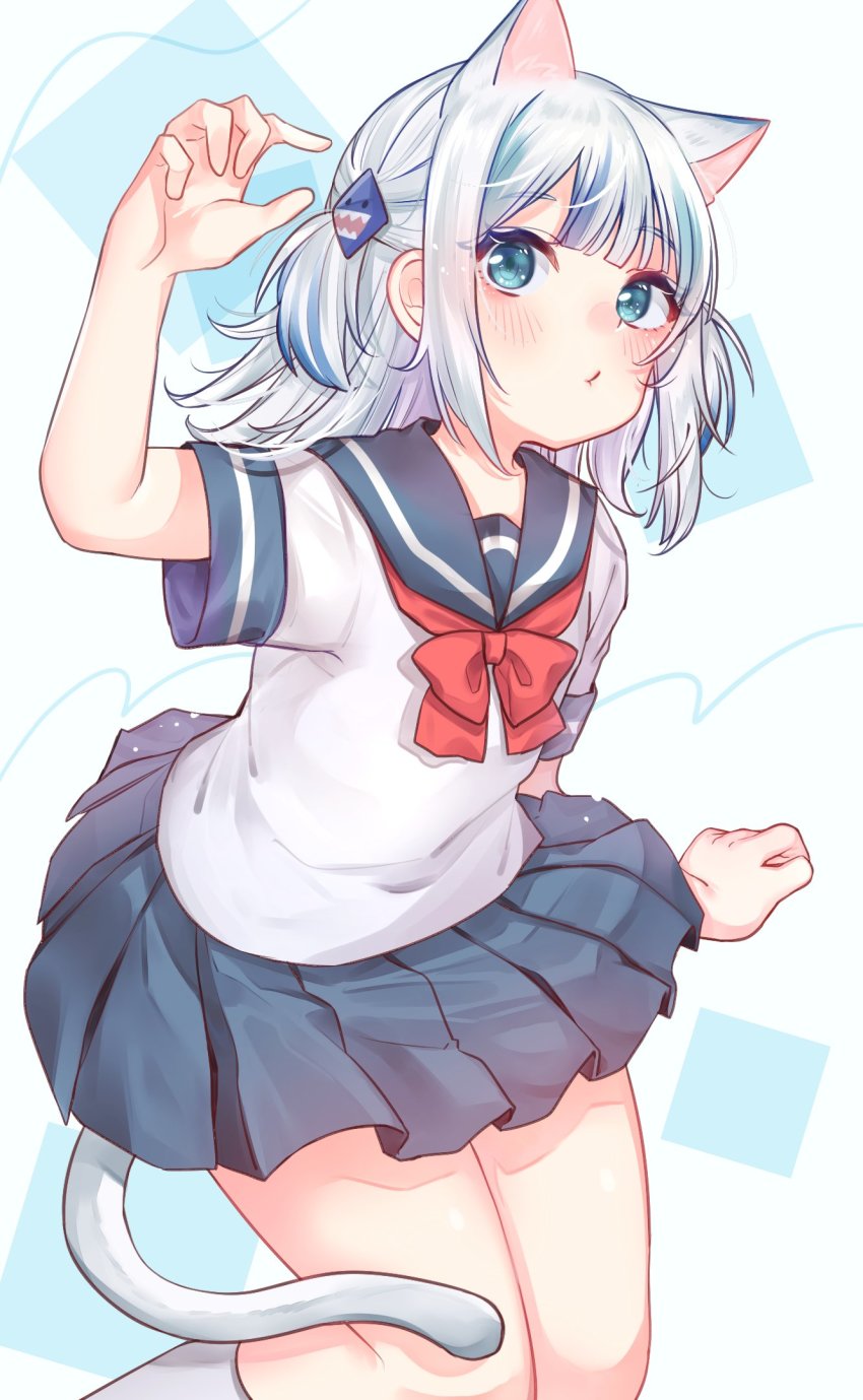 1girl, animal_ears, bad_id, bad_twitter_id, blue_eyes, blue_hair, blush, cat_ears