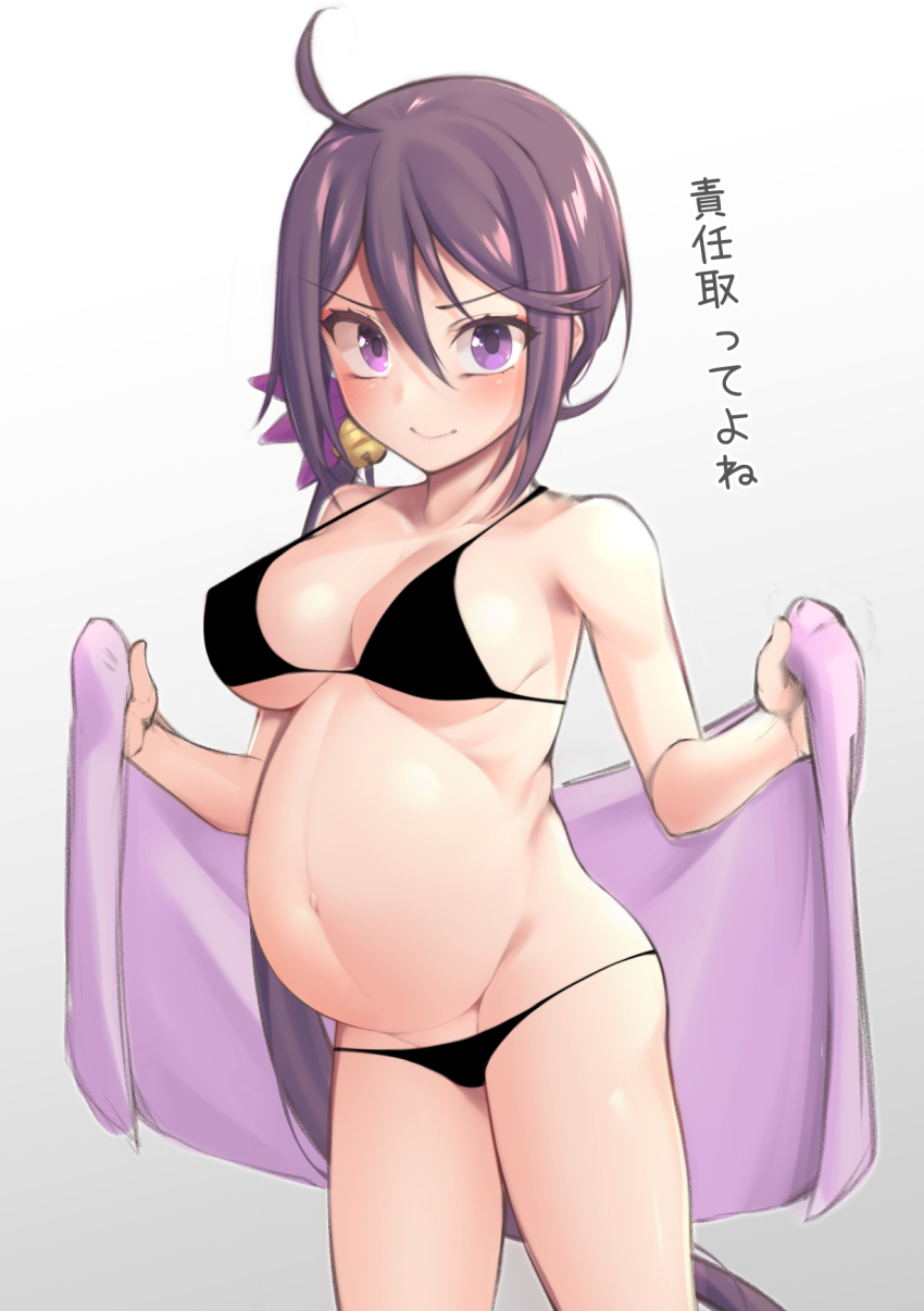1girl, ahoge, akebono_(kancolle), alternate_breast_size, bell, big_belly, bikini, black_bikini