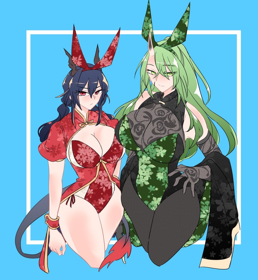 2girls, arknights, black_gloves, black_hair, black_legwear, blue_background, bow_hairband, breasts, ch'en_(arknights), cleavage, cowboy_shot, fishnet_gloves, fishnet_legwear, fishnets, floral_print, gloves, green_eyes, green_hair, hairband, hand_on_own_hip, highres, hisaki_(morenabe), horns, hoshiguma_(arknights), huge_breasts, large_breasts, leotard, long_hair, multiple_girls, pantyhose, puffy_short_sleeves, puffy_sleeves, red_eyes, rose_print, short_sleeves, simple_background, single_horn, skin-covered_horns, sleeveless, tail, twintails, wrist_cuffs