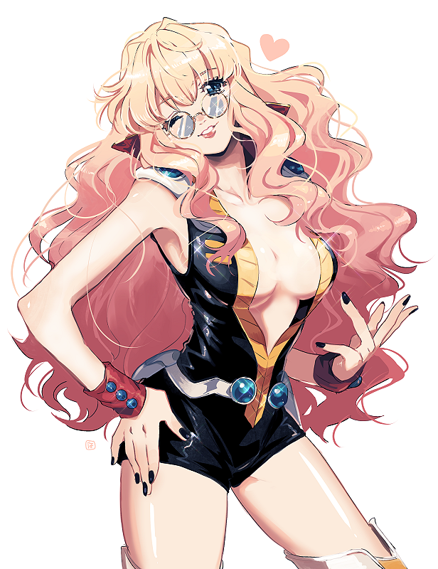 1girl, black_jumpsuit, black_nails, blonde_hair, blue_eyes, boots, breasts, cleavage, collarbone, cosplay, glasses, hand_on_own_hip, head_tilt, heart, jumpsuit, kinako_(462), long_hair, macross, macross_7, macross_frontier, medium_breasts, nail_polish, nekki_basara, nekki_basara_(cosplay), one_eye_closed, round_eyewear, sheryl_nome, smile, solo, thigh_boots, thighhighs, uta_macross_sumaho_deculture, v