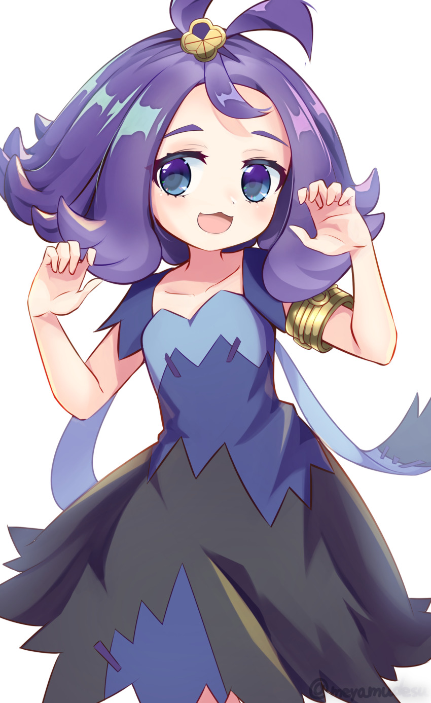 1girl, :3, acerola_(pokemon), armlet, blue_eyes, collarbone, commentary_request, dress