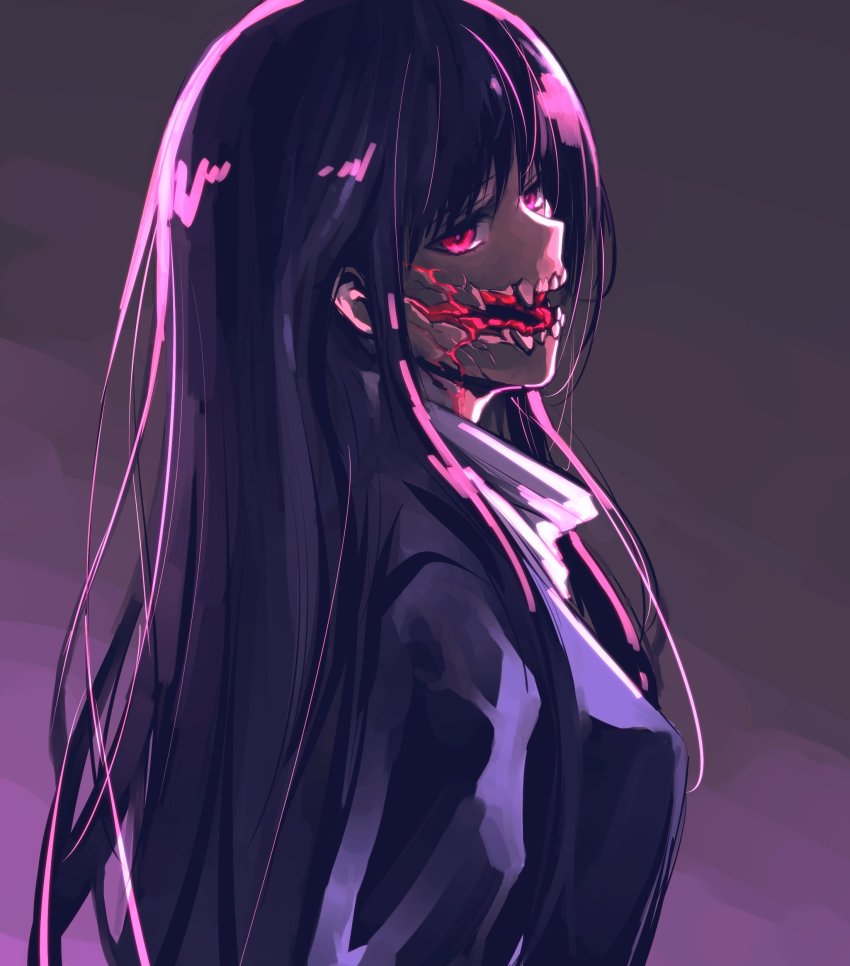 1girl, absurdres, commentary, glasgow_smile, gradient_background, highres, kato_takuji, kuchisake-onna_(ishiyumi), long_hair, looking_at_viewer, looking_to_the_side, medium_request, muted_color, original, purple_theme, red_eyes, scarf, sidelocks, solo