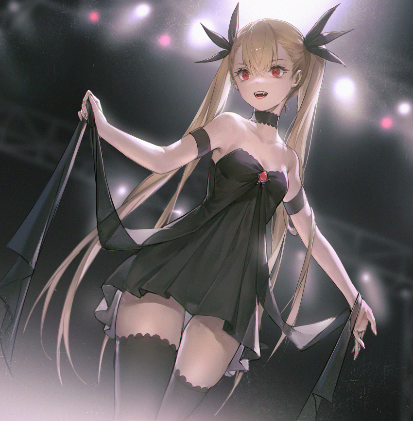 1girl, :d, absurdres, bare_shoulders, black_choker, black_dress, black_ribbon, black_thighhighs, blurry, blurry_background, breasts, child, choker, cleavage, dance_in_the_vampire_bund, depth_of_field, dress, fang, hair_ribbon, highres, huge_filesize, long_hair, looking_at_viewer, mina_tepes, open_mouth, original, red_eyes, ribbon, sawamaharu, small_breasts, smile, stage_lights, strapless, strapless_dress, thigh_gap, thighhighs, twintails, vampire, very_long_hair, zettai_ryouiki