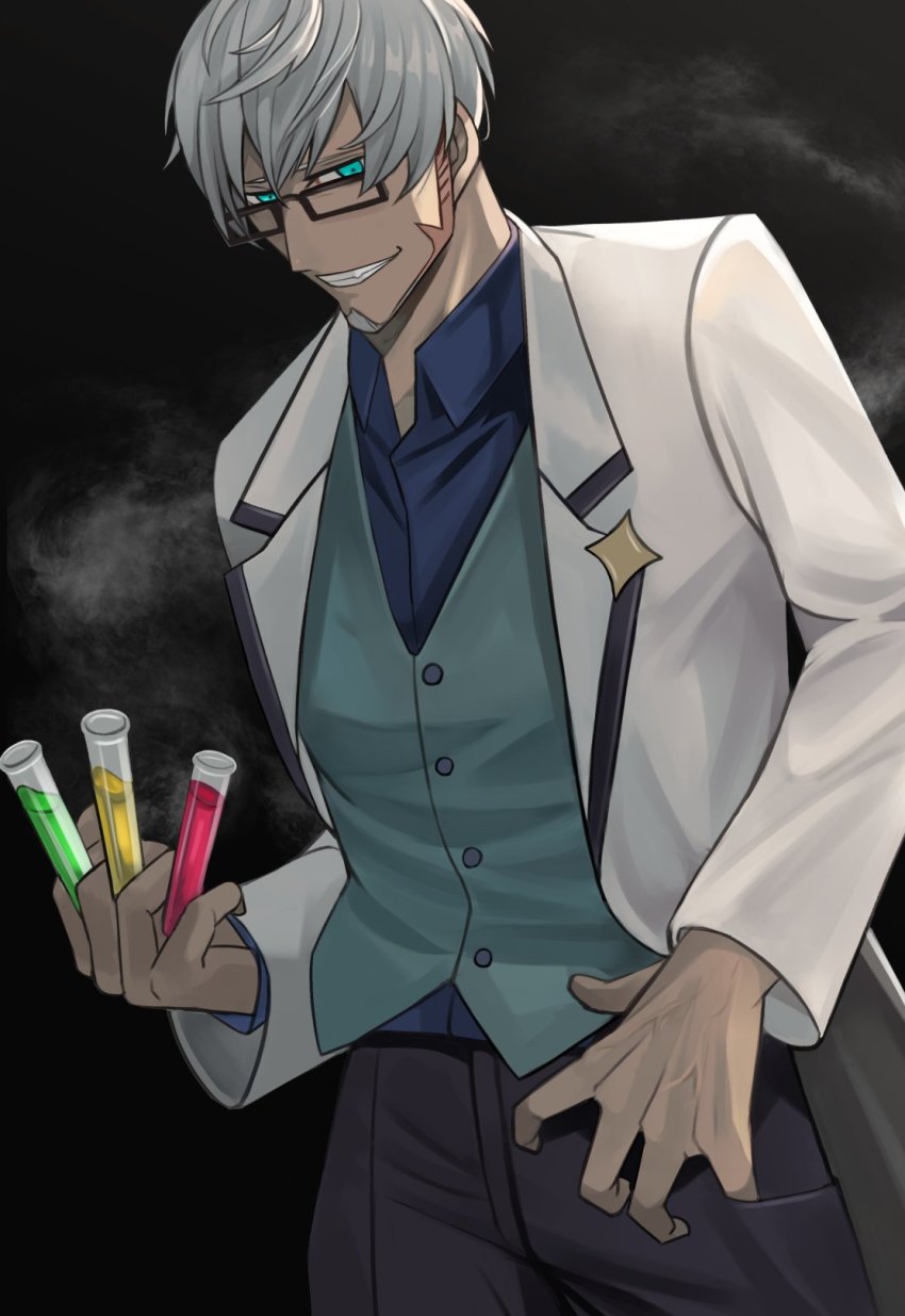 1boy, aqua_eyes, arurandeisu, blue_shirt, buttons, coat, facial_hair, flask, glasses, grey_hair, grin, highres, holding, holding_test_tube, holostars, mabuka_(mabukaaaa), male_focus, pants, shirt, short_hair, smile, solo, test_tube, vest, virtual_youtuber, white_coat