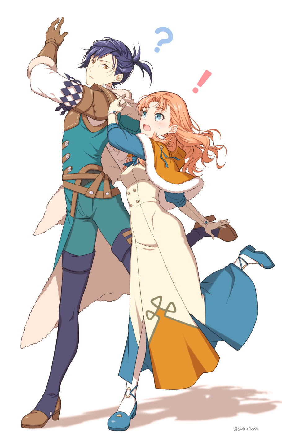 !, 1boy, 1girl, ?, annette_fantine_dominic, annette_fantine_dominic_(timeskip), armor, blue_eyes, blue_hair, boots, breasts, brown_gloves, capelet, dancing, dress, felix_hugo_fraldarius, felix_hugo_fraldarius_(timeskip), fire_emblem, fire_emblem:_three_houses, gloves, highres, leather_armor, looking_at_another, medium_breasts, medium_hair, nintendo, open_mouth, orange_capelet, orange_hair, simple_background, tagme, thigh_boots, thighhighs, tsubasam, white_background, white_dress, white_gloves, yellow_eyes