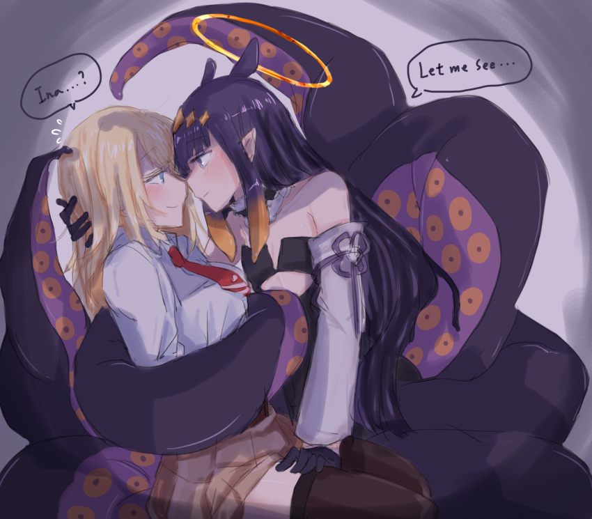..., ...?, 2girls, aoi_(aoisaka), blonde_hair, blue_eyes, breasts, commentary, commentary_request, english_text, flat_chest, flying_sweatdrops, halo, hand_on_another's_head, headpiece, highres, hololive, hololive_english, multiple_girls, necktie, ninomae_ina'nis, ninomae_ina'nis_(1st_costume), pointy_ears, purple_eyes, purple_hair, tentacle_hair, tentacles, thighhighs, virtual_youtuber, watson_amelia, watson_amelia_(1st_costume), yuri