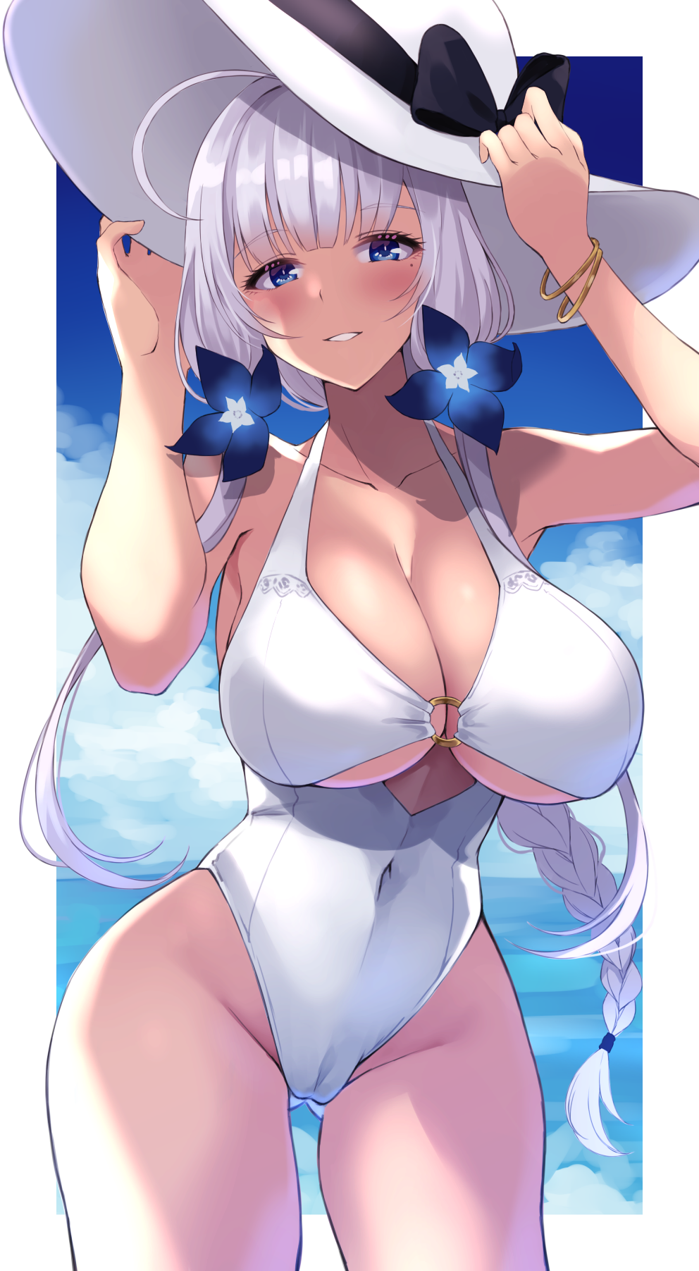 1girl, azur_lane, bare_arms, bare_shoulders, blue_eyes, blunt_bangs, blush, bracelet, braid, breasts, cleavage, collarbone, covered_navel, cowboy_shot, female_focus, hair_ornament, hands_on_headwear, hat, highleg, highleg_one-piece_swimsuit, highres, illustrious_(azur_lane), jewelry, large_breasts, large_hat, long_hair, looking_at_viewer, mole, mole_under_eye, o-ring, o-ring_one-piece_swimsuit, one-piece_swimsuit, outdoors, parted_lips, silver_hair, smile, solo, standing, sun_hat, swimsuit, thighs, wee_(weeyy), white_hat, white_one-piece_swimsuit