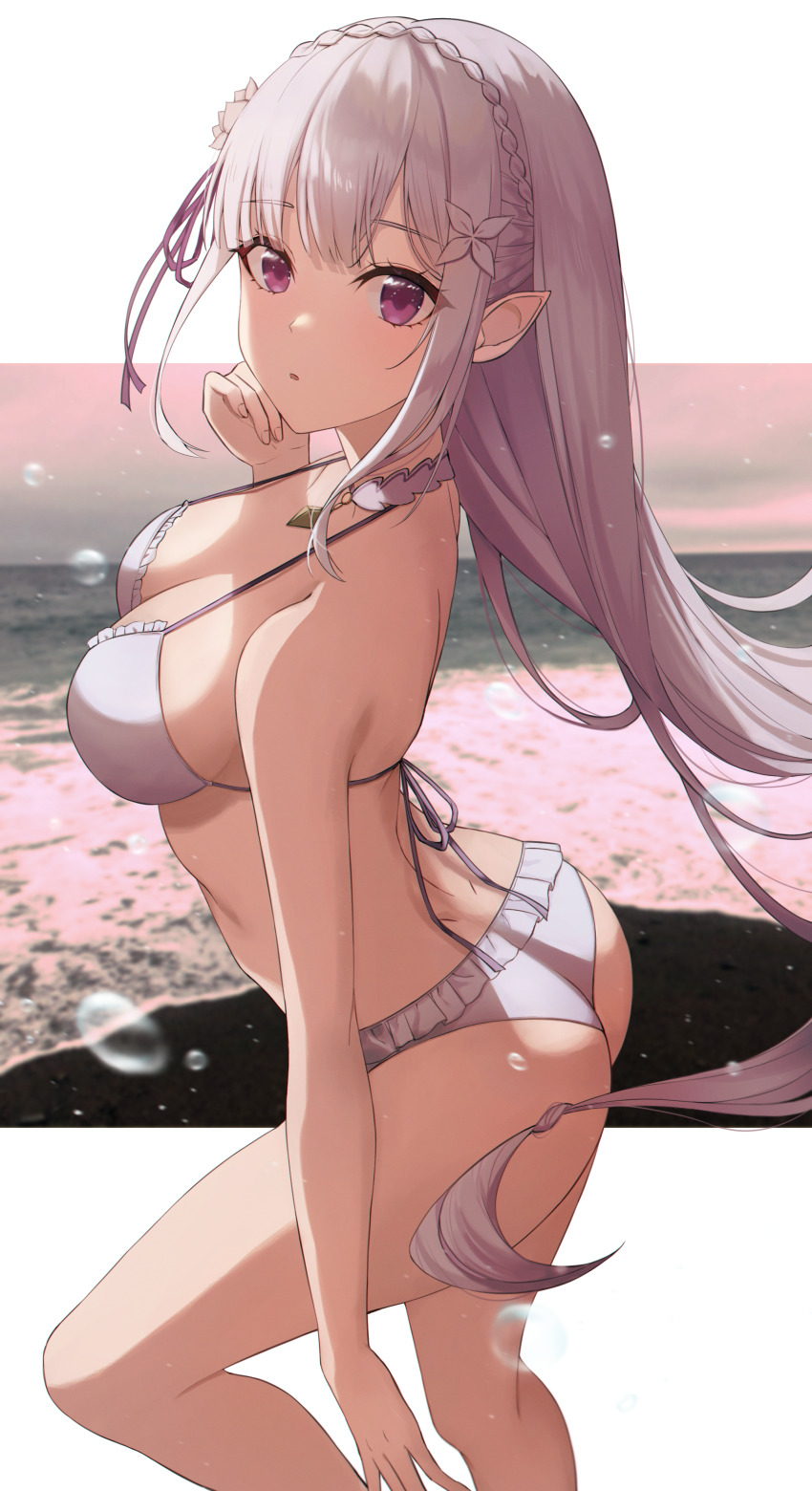 1girl, absurdres, ass, bare_arms, bare_legs, bare_shoulders, beach, bikini, braid, breasts, choker, cleavage, crown_braid, dimples_of_venus, elf, emilia_(re:zero), feet_out_of_frame, flower, frilled_bikini, frills, from_side, hair_flower, hair_ornament, halterneck, highres, huge_filesize, leaning_forward, leg_up, long_hair, looking_at_viewer, looking_to_the_side, medium_breasts, nea_(nea_77), ocean, outside_border, parted_lips, pointy_ears, purple_eyes, re:zero_kara_hajimeru_isekai_seikatsu, silver_hair, solo, swimsuit, very_long_hair, water, white_choker, white_flower